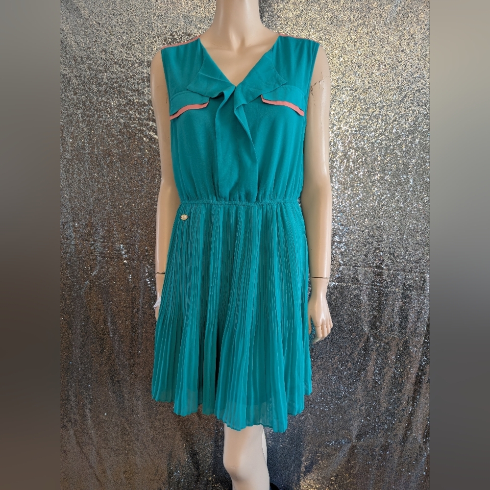 Candie’s Retro Teal Sleeveless Mini Dress with Knife Pleats & Faux Pockets